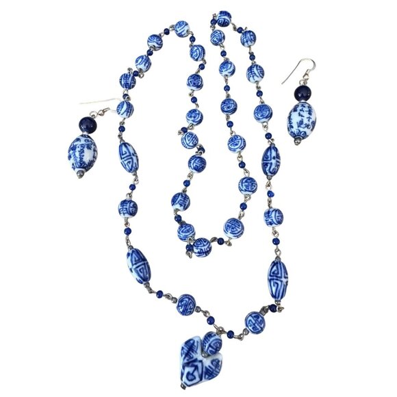 Vintage Chinese Painted Porcelain Bead Necklace & Earrings Blue White 25" - Picture 2 of 6